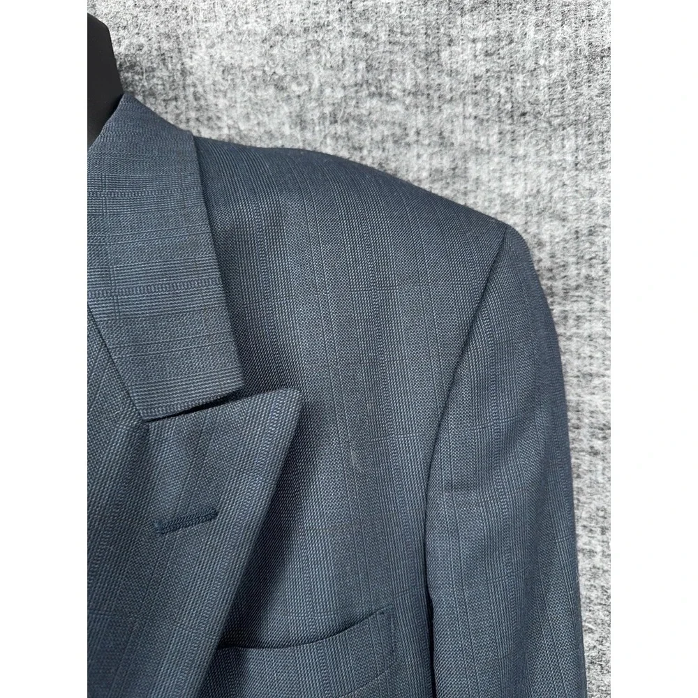 Vintage Christian Dior Suit Jacket Mens 46R Blue Wool Check Double Breasted